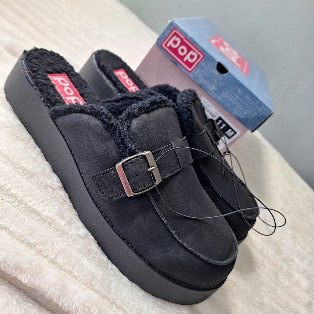 Pop Celica Faux Suede Sherpa Mule Clog Shoes Womens 11M Black Granola Girl Lug